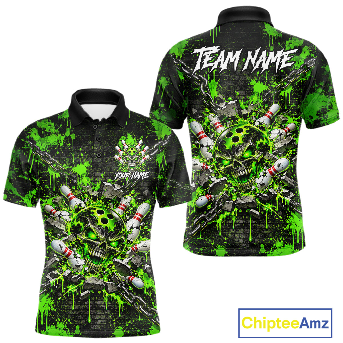 Green Slime Skull Bowling Shirt For Men Custom Name Brick Wall Chains Youth Bowler Team Jersey NYN5095