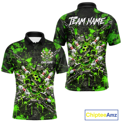 Green Slime Skull Bowling Shirt For Men Custom Name Brick Wall Chains Youth Bowler Team Jersey NYN5095