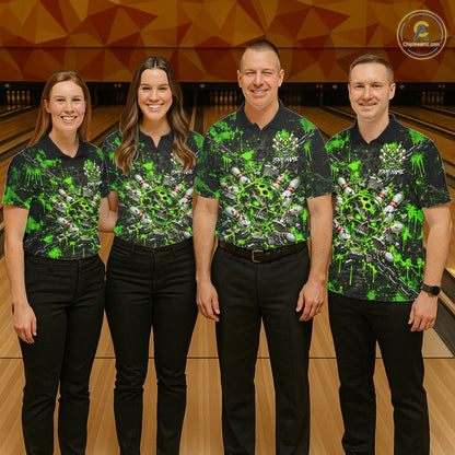 Green Slime Skull Bowling Shirt For Men Custom Name Brick Wall Chains Youth Bowler Team Jersey NYN5095