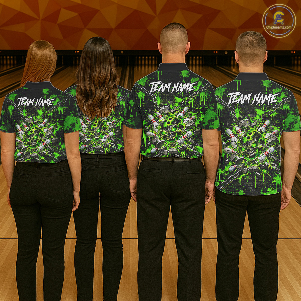 Green Slime Skull Bowling Shirt For Men Custom Name Brick Wall Chains Youth Bowler Team Jersey NYN5095
