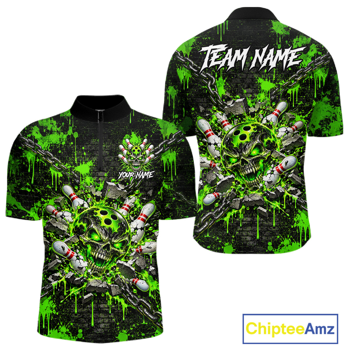 Green Slime Skull Bowling Shirt For Men Custom Name Brick Wall Chains Youth Bowler Team Jersey NYN5095
