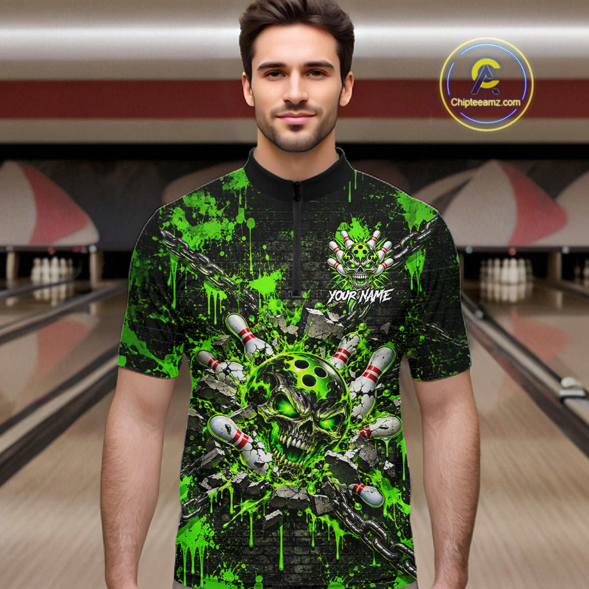 Green Slime Skull Bowling Shirt For Men Custom Name Brick Wall Chains Youth Bowler Team Jersey NYN5095