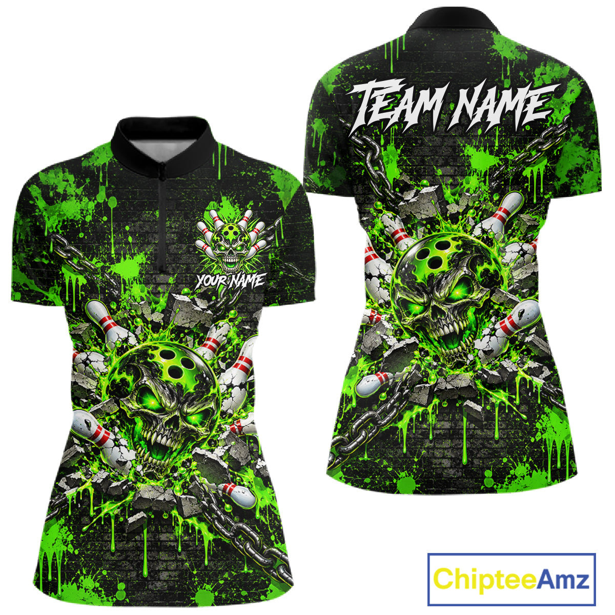 Green Slime Skull Bowling Shirt For Women Custom Name Brick Wall Chains Youth Bowler Team Jersey NYN5095