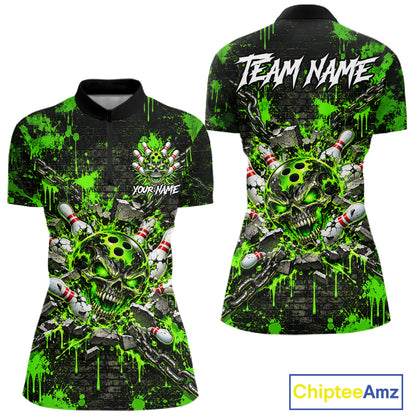 Green Slime Skull Bowling Shirt For Women Custom Name Brick Wall Chains Youth Bowler Team Jersey NYN5095