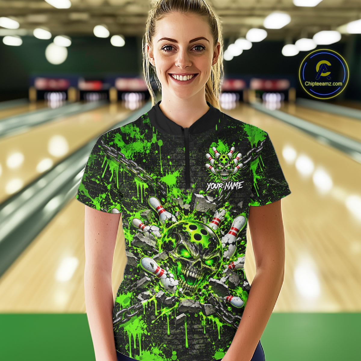 Green Slime Skull Bowling Shirt For Women Custom Name Brick Wall Chains Youth Bowler Team Jersey NYN5095