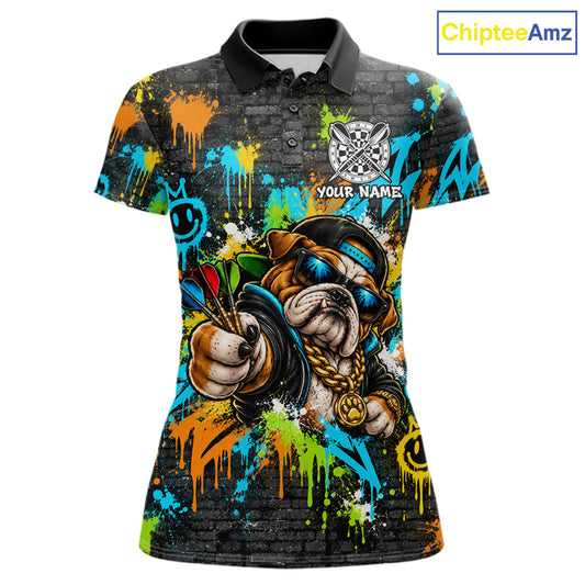Custom Hip Hop Bulldog Funny Darts Polo 1/4-Zip Shirt Personalized Graffiti Darts Team Shirt For Women NYN5098