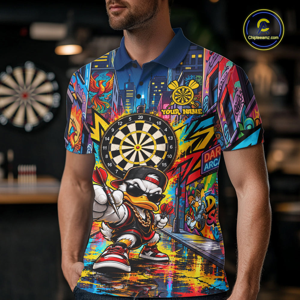 Custom Hip Hop Duck Funny Darts Shirt For Men Personalized Graffiti Darts Polo 1/4-Zip Darts Team Gift NYN5104