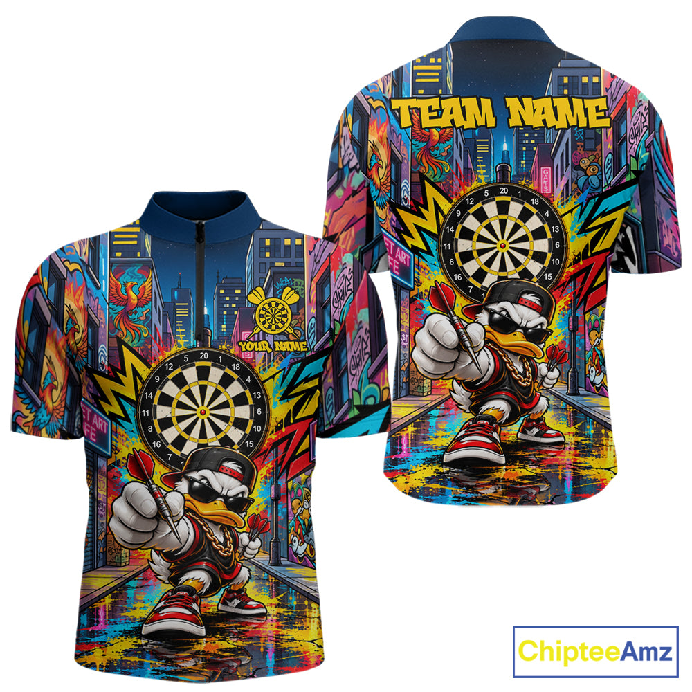 Custom Hip Hop Duck Funny Darts Shirt For Men Personalized Graffiti Darts Polo 1/4-Zip Darts Team Gift NYN5104