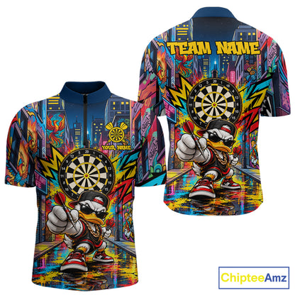 Custom Hip Hop Duck Funny Darts Shirt For Men Personalized Graffiti Darts Polo 1/4-Zip Darts Team Gift NYN5104