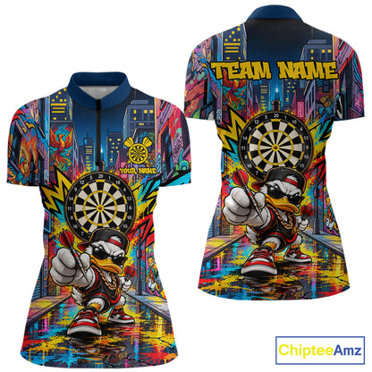 Custom Hip Hop Duck Funny Darts Shirt For Women Personalized Graffiti Darts Polo 1/4-Zip Darts Team Gift NYN5104