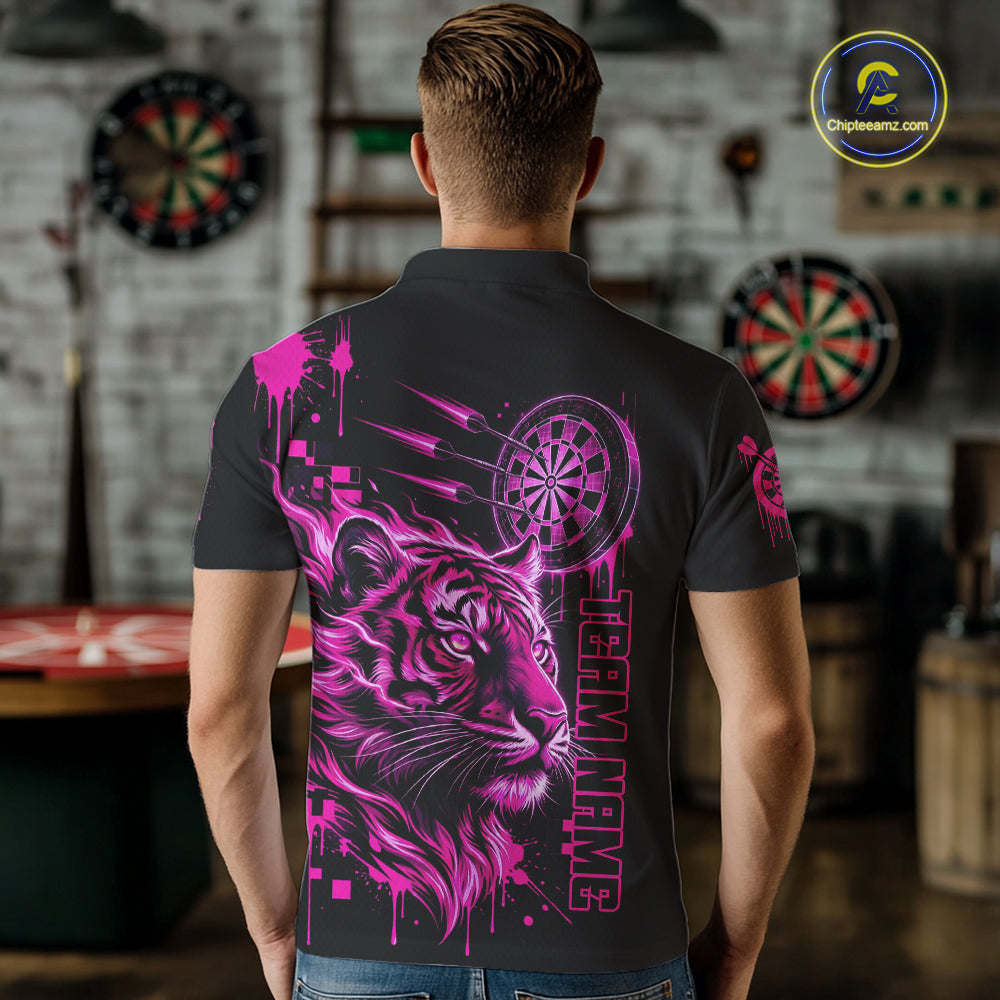 Pink Neon Tiger Lightning Dartboard Men Dart Polo Shirts Custom Name & Team Dart Jerseys NYN2098