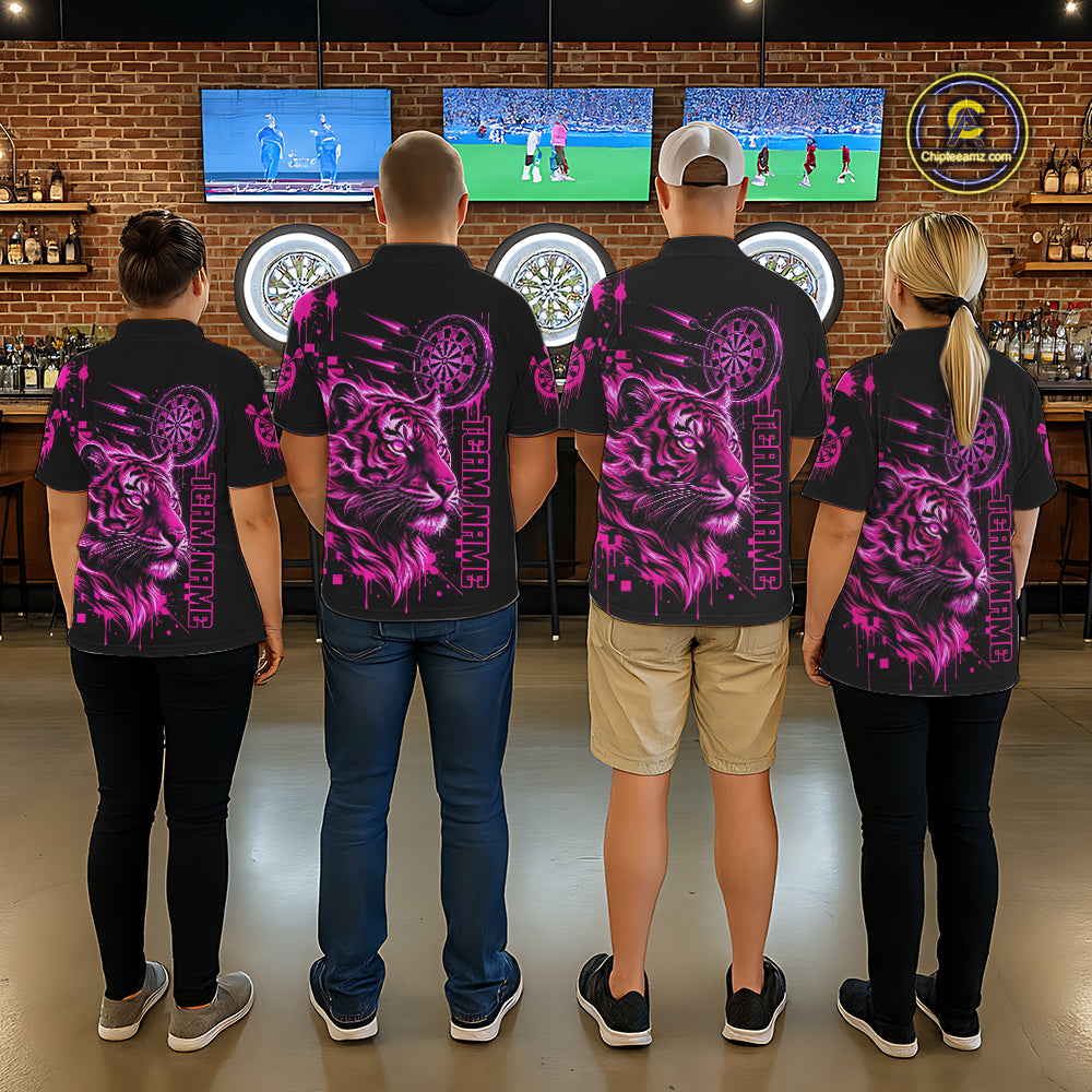 Pink Neon Tiger Lightning Dartboard Men Dart Polo Shirts Custom Name & Team Dart Jerseys NYN2098
