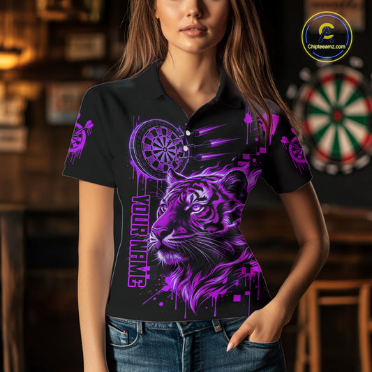 Purple Neon Tiger Lightning Dartboard Women Dart Polo Shirts Custom Name & Team Dart Jerseys NYN2099