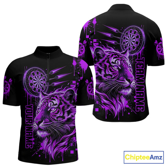 Purple Neon Tiger Lightning Dartboard Men Dart 1/4-Zip Shirts Custom Name & Team Dart Jerseys NYN2099