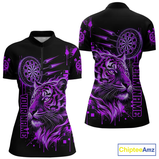 Purple Neon Tiger Lightning Dartboard Women Dart 1/4-Zip Shirts Custom Name & Team Dart Jerseys NYN2099