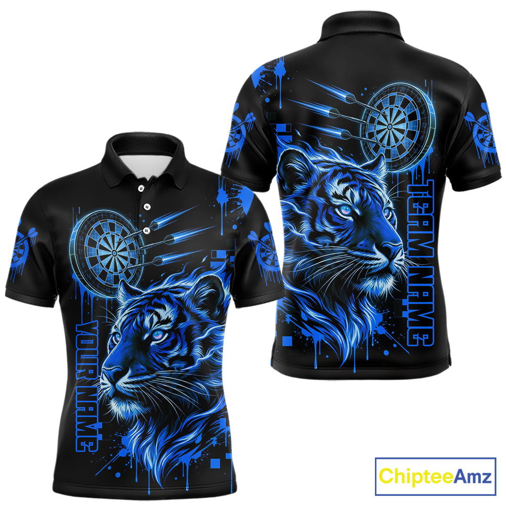 Blue Neon Tiger Lightning Dartboard Men Dart Polo Shirts Custom Name & Team Dart Jerseys NYN2100