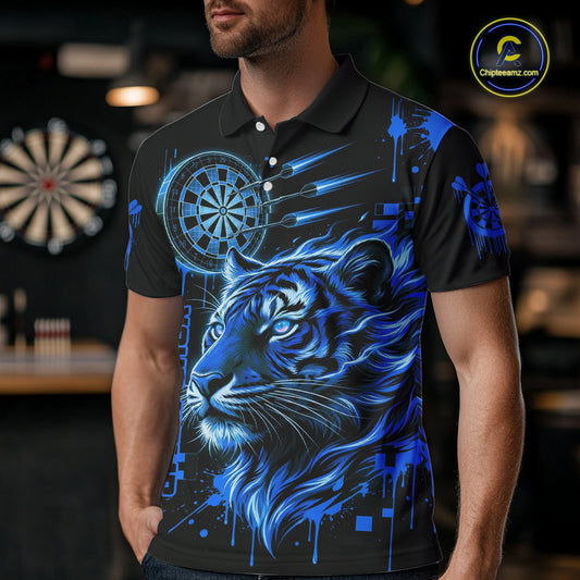 Blue Neon Tiger Lightning Dartboard Men Dart Polo Shirts Custom Name & Team Dart Jerseys NYN2100
