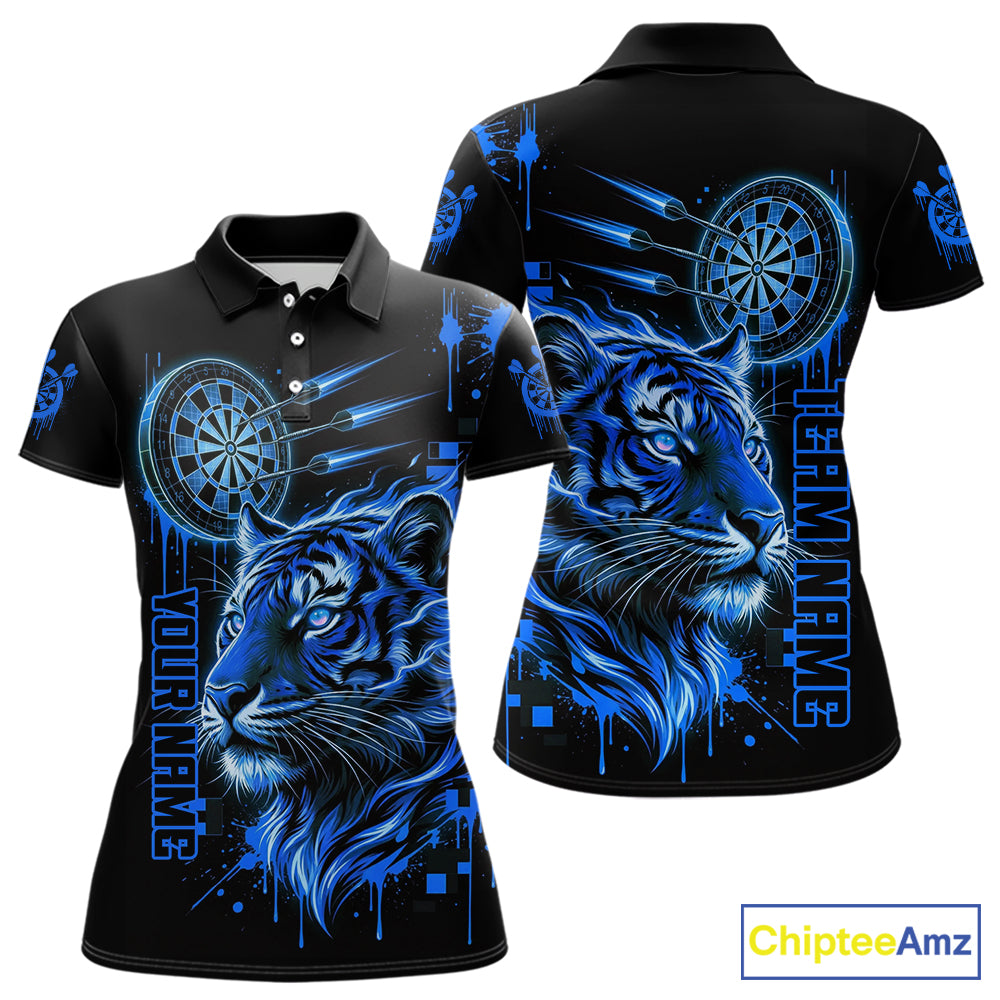 Blue Neon Tiger Lightning Dartboard Women Dart Polo Shirts Custom Name & Team Dart Jerseys NYN2100