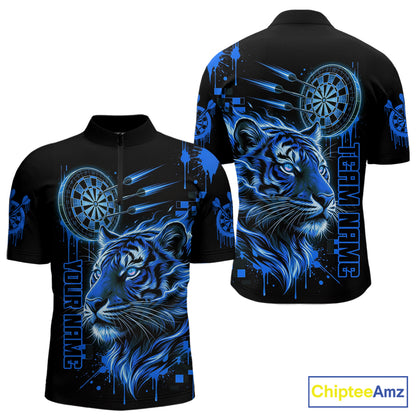 Blue Neon Tiger Lightning Dartboard Men Dart 1/4-Zip Shirts Custom Name & Team Dart Jerseys NYN2100