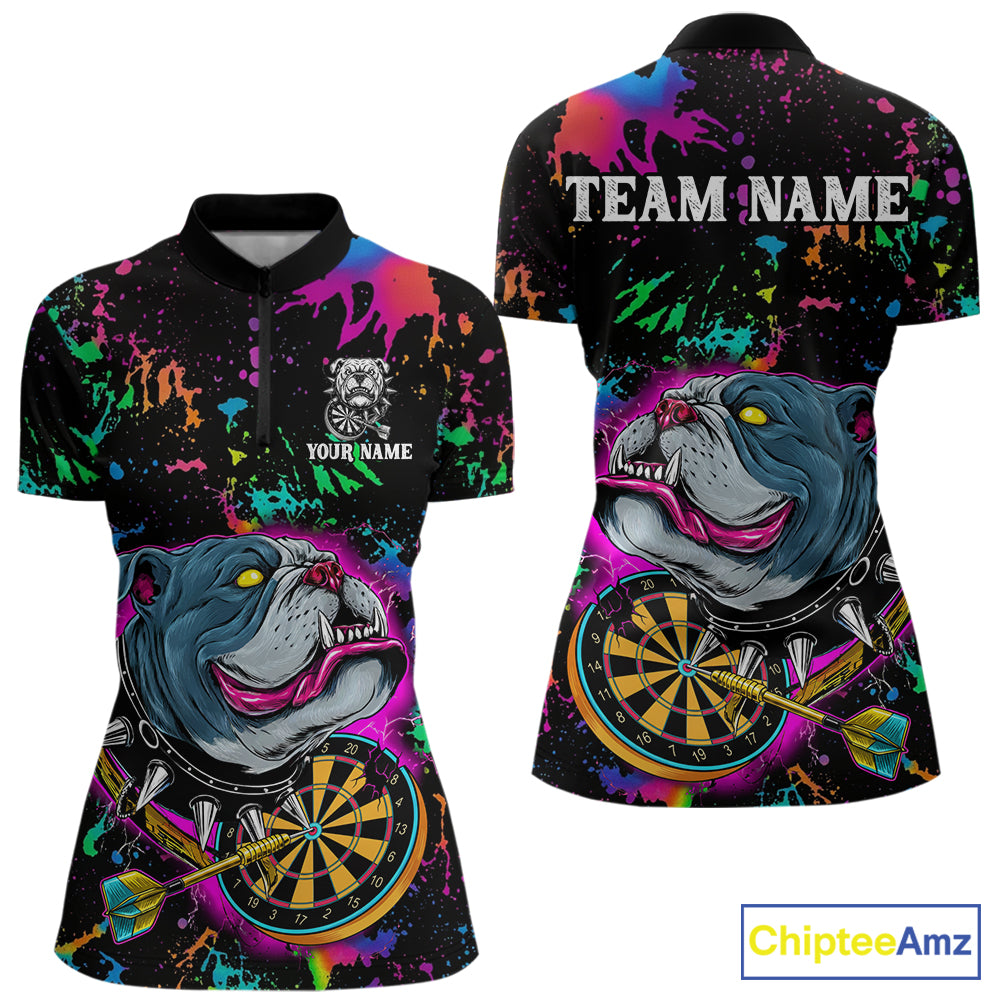 Custom Colorful Bulldog Dartboard 3D Funny Dart Shirts 1/4-Zip For Women Dart League Jerseys NYN2107