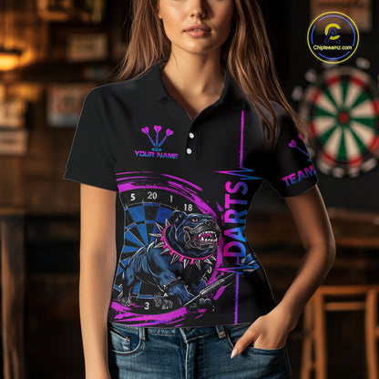 Custom Blue And Pink Darts Funny Bulldog Dart Shirts Polo For Women Dart League Jerseys NYN2108
