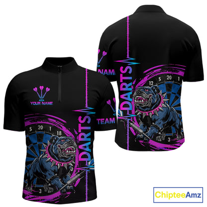 Custom Blue And Pink Darts Funny Bulldog Dart Shirts 1/4-Zip For Men Dart League Jerseys NYN2108