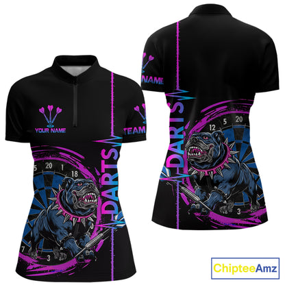 Custom Blue And Pink Darts Funny Bulldog Dart Shirts 1/4-Zip For Women Dart League Jerseys NYN2108