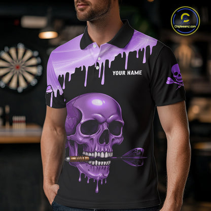 Custom Holographic Purple Skull Darts Shirt Polo For Men Light Skull Dart League Jerseys NYN2109