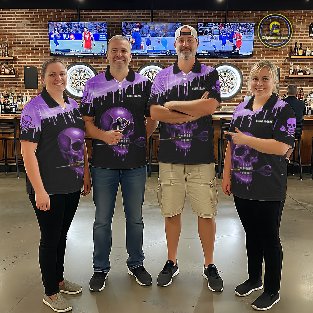Custom Holographic Purple Skull Darts Shirt Polo For Women Light Skull Dart League Jerseys NYN2109