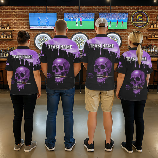 Custom Holographic Purple Skull Darts Shirt 1/4-Zip For Men Light Skull Dart League Jerseys NYN2109