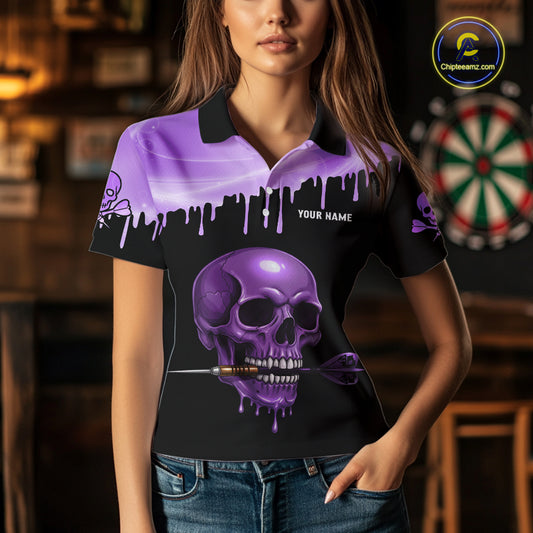 Custom Holographic Purple Skull Darts Shirt Polo For Women Light Skull Dart League Jerseys NYN2109