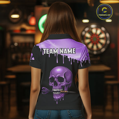 Custom Holographic Purple Skull Darts Shirt Polo For Women Light Skull Dart League Jerseys NYN2109