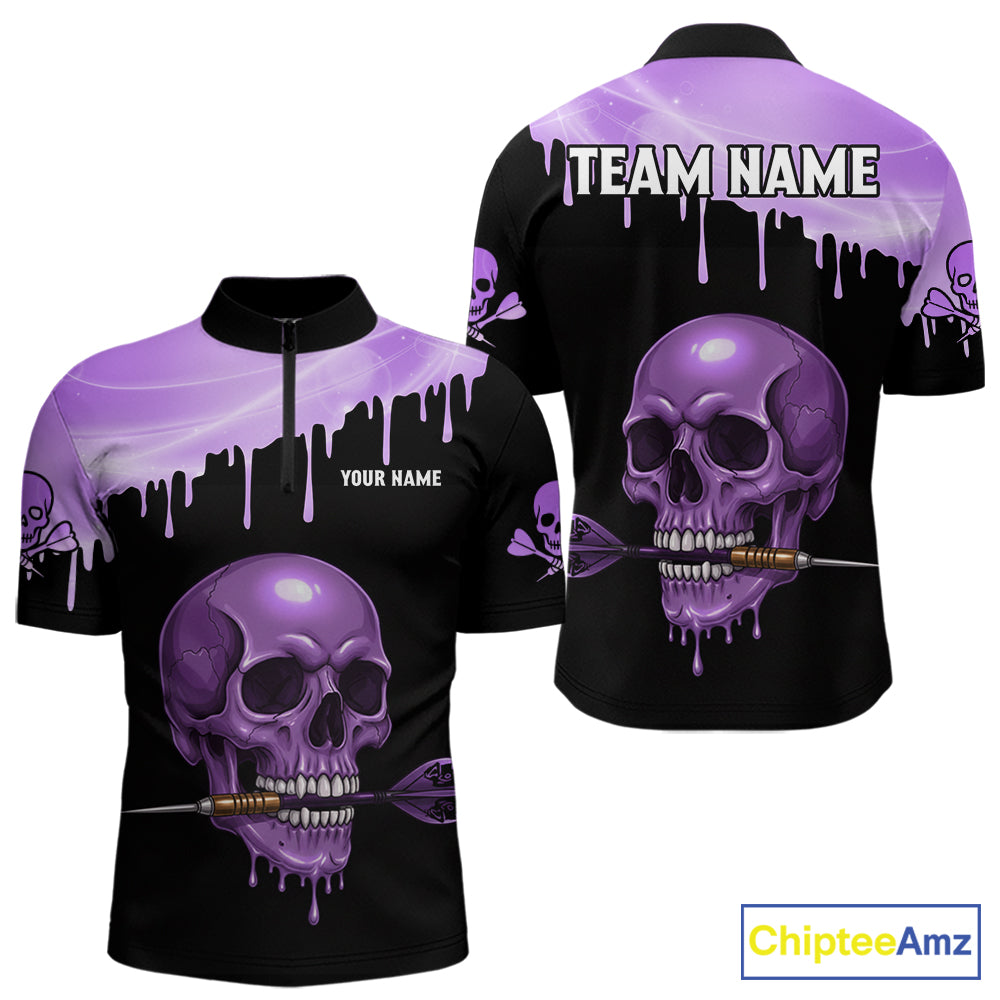Custom Holographic Purple Skull Darts Shirt 1/4-Zip For Men Light Skull Dart League Jerseys NYN2109