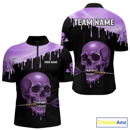Custom Holographic Purple Skull Darts Shirt 1/4-Zip For Men Light Skull Dart League Jerseys NYN2109
