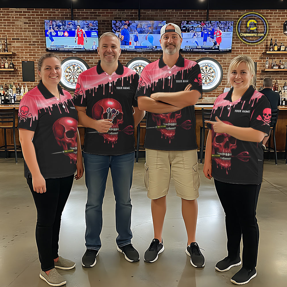 Custom Holographic Red Skull Darts Shirt Polo For Women Light Skull Dart League Jerseys NYN2110