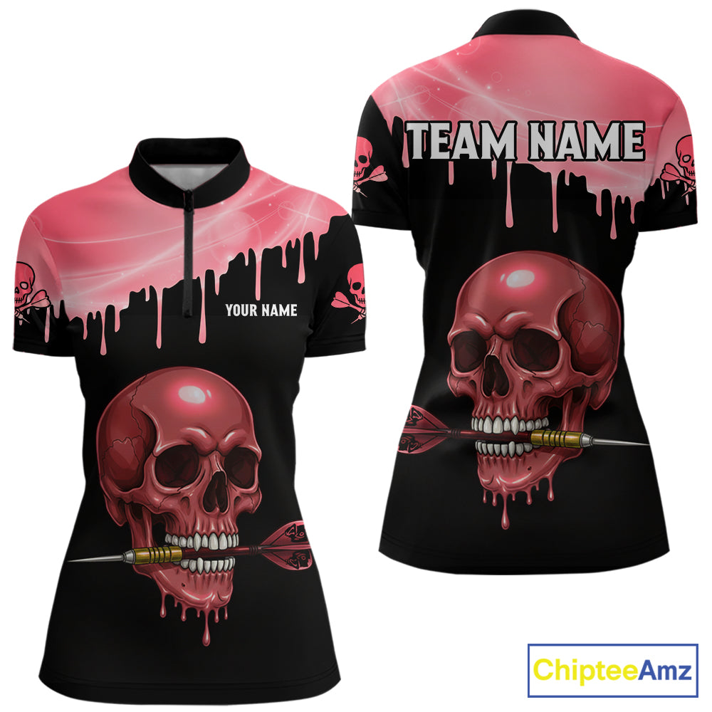 Custom Holographic Red Skull Darts Shirt 1/4-Zip For Women Light Skull Dart League Jerseys NYN2110