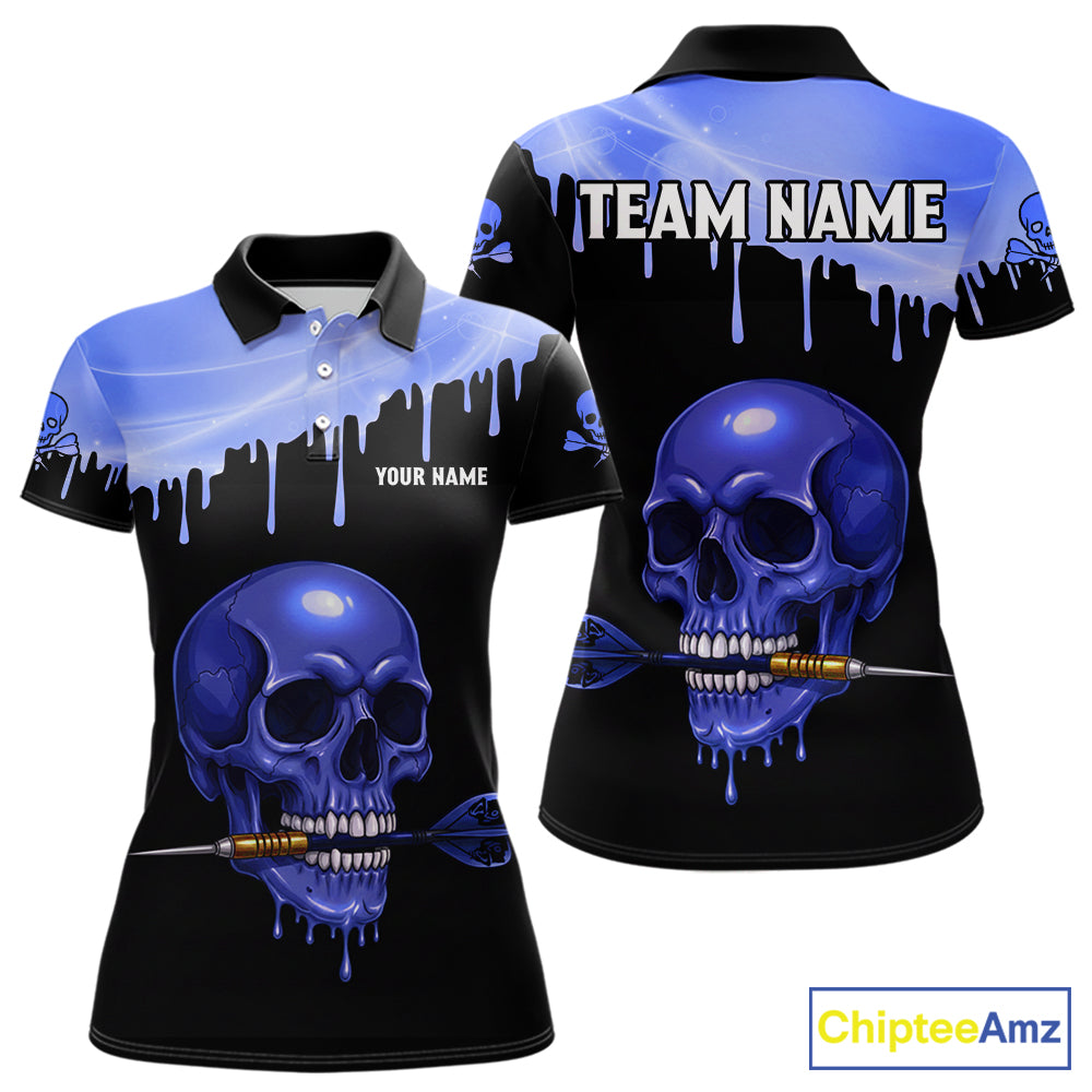 Custom Holographic Blue Skull Darts Shirt Polo For Women Light Skull Dart League Jerseys NYN2111