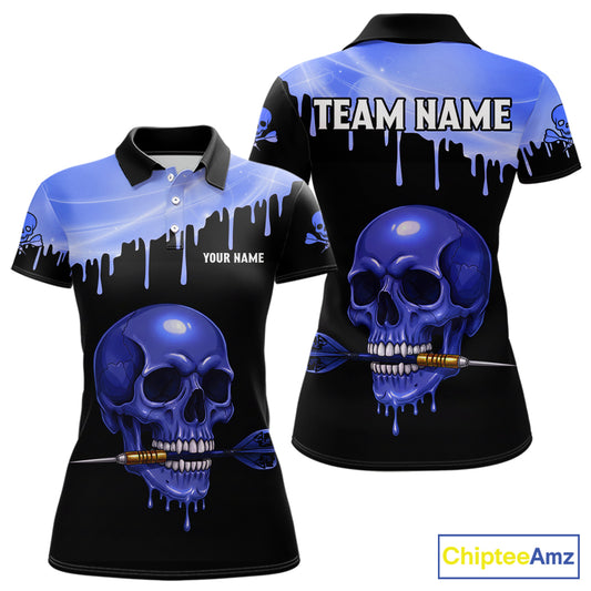 Custom Holographic Blue Skull Darts Shirt Polo For Women Light Skull Dart League Jerseys NYN2111
