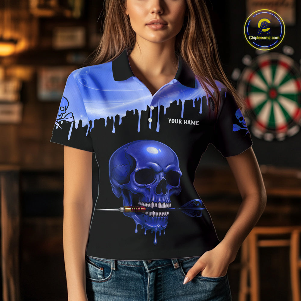 Custom Holographic Blue Skull Darts Shirt Polo For Women Light Skull Dart League Jerseys NYN2111