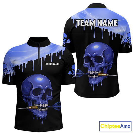 Custom Holographic Blue Skull Darts Shirt 1/4-Zip For Men Light Skull Dart League Jerseys NYN2111