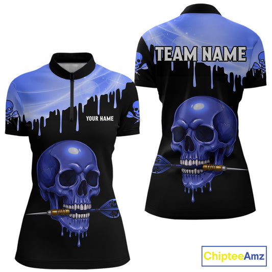Custom Holographic Blue Skull Darts Shirt 1/4-Zip For Women Light Skull Dart League Jerseys NYN2111