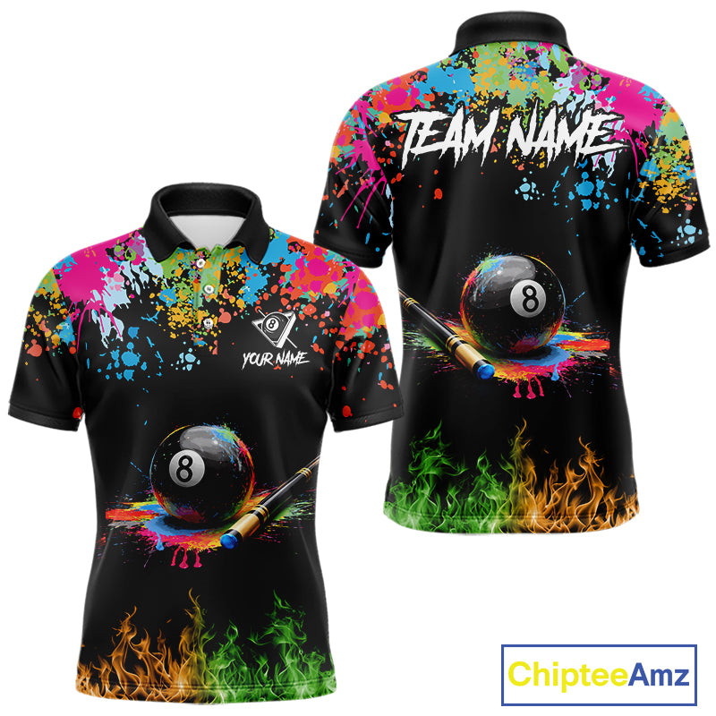 Colorful Paint & Flame 8 Ball Billiard Shirt For Men Personalized Cue Billiard Team Shirt NYN2334