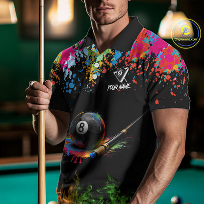 Colorful Paint & Flame 8 Ball Billiard Shirt For Men Personalized Cue Billiard Team Shirt NYN2334