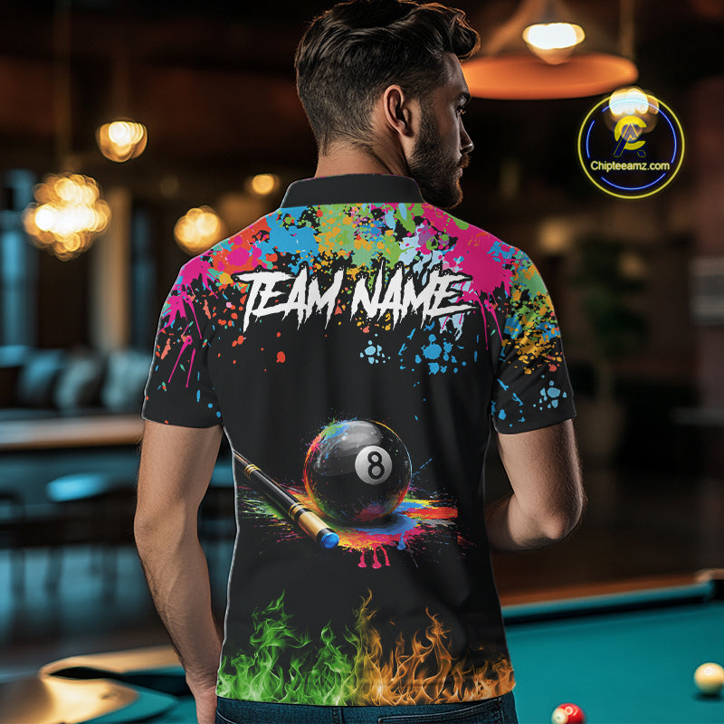 Colorful Paint & Flame 8 Ball Billiard Shirt For Men Personalized Cue Billiard Team Shirt NYN2334