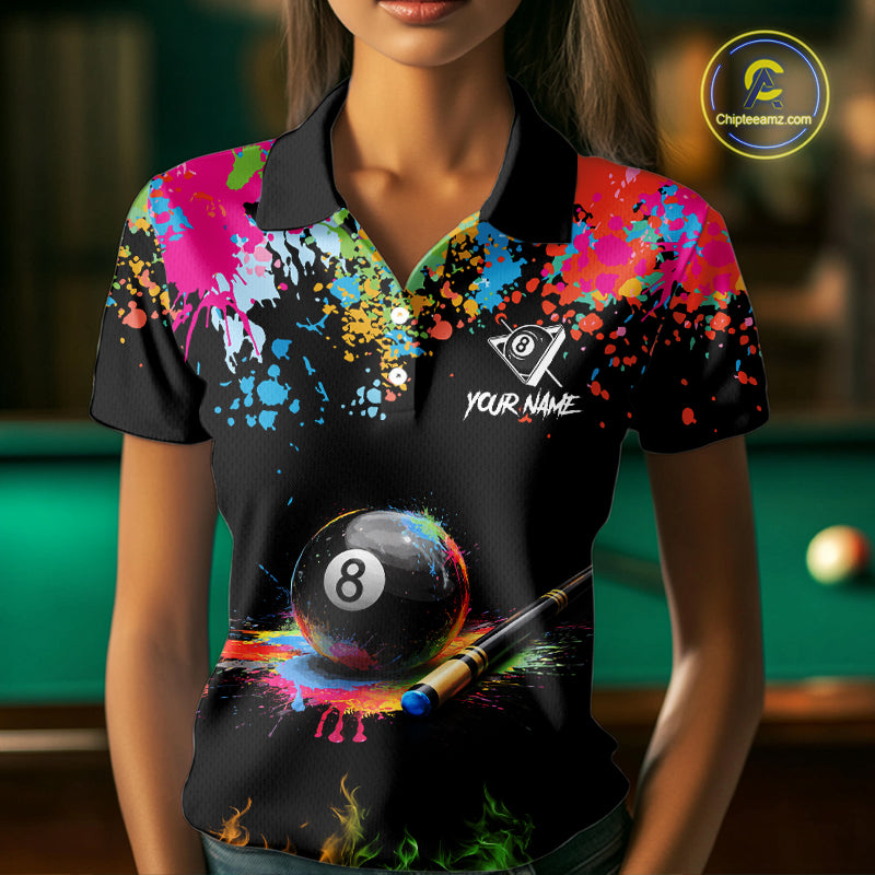 Colorful Paint & Flame 8 Ball Billiard Shirt For Women Personalized Cue Billiard Team Shirt NYN2334