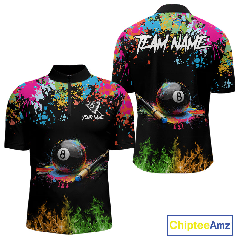 Colorful Paint & Flame 8 Ball Billiard Shirt For Men Personalized Cue Billiard Team Shirt NYN2334
