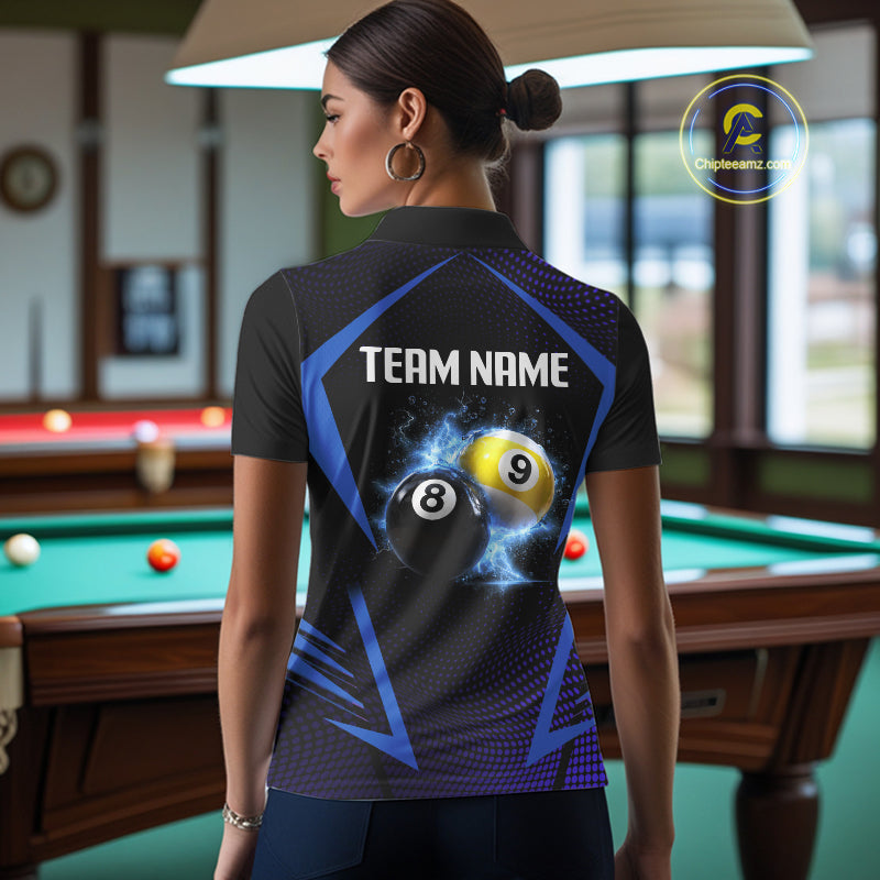 Custom 8 Ball & 9 Ball Women's Billiard Shirt Personalized Thunder Blue Billiard Team Shirt NYN2336