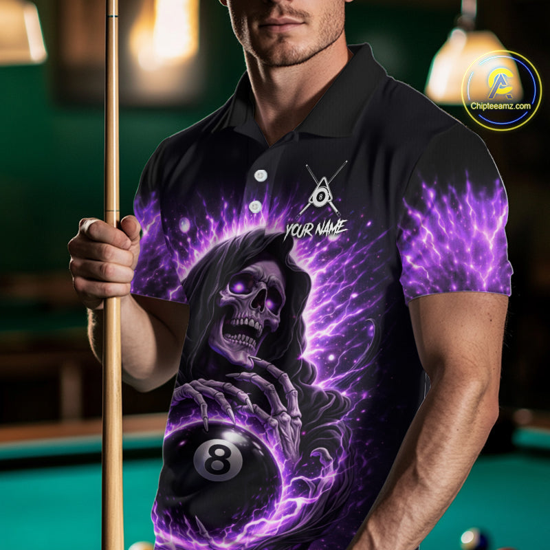 Lightning Purple Scary Grim Reaper Pool 8 Ball Men Billiard Shirt Custom Ball Billiard Team Attire NYN2624