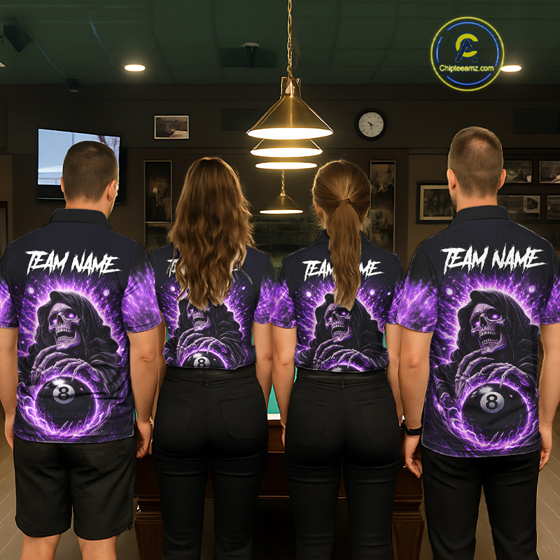 Lightning Purple Scary Grim Reaper Pool 8 Ball Men Billiard Shirt Custom Ball Billiard Team Attire NYN2624