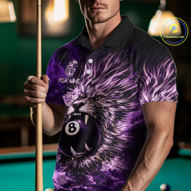 Purple Smokes Lion Paint Pool 8 Ball Men Billiard Polo & 1/4-Zip Shirt Custom Billiard Team Attire NYN2626